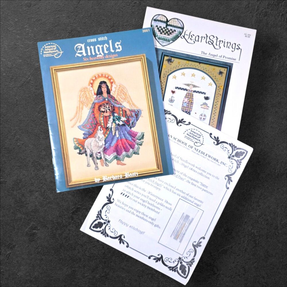 Vintage Cross Stitch Angel Pattern Book Lot Barbara Baatz + Gold Needle Angels